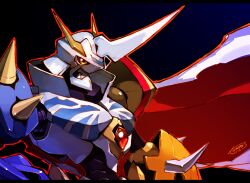 Rule 34 | armor, artist name, black background, cape, chest jewel, digimon, gradient background, horns, multiple heads, omegamon, red cape, robot, shoulder armor, solo, spikes, tomycase, two-sided cape, two-sided fabric, upper body, white cape, yellow eyes