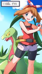 Rule 34 | 1girl, bare arms, bike shorts, blue eyes, blush, bow hairband, brown hair, cloud, collarbone, commentary request, creatures (company), day, eyelashes, fanny pack, floating hair, game freak, gen 3 pokemon, grovyle, hairband, highres, holding, holding poke ball, knees, looking at viewer, may (pokemon), miyama (yakinikusushi the royal), nintendo, open mouth, outdoors, poke ball, poke ball (basic), pokemon, pokemon (creature), pokemon oras, red hairband, red tank top, shorts, sky, tank top, teeth, translated, white shorts