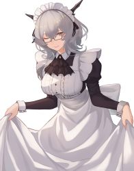 Rule 34 | 1girl, absurdres, after3310, arknights, ascot, bespectacled, black ascot, black dress, black ribbon, bow, breasts, clothes lift, commission, dragon horns, dress, dress lift, glasses, grey eyes, grey hair, highres, horns, large breasts, lifting own clothes, long sleeves, maid, maid day, one eye closed, ribbon, second-party source, semi-rimless eyewear, short hair with long locks, simple background, solo, talulah (arknights), two-tone dress, under-rim eyewear, white background, white bow, white dress