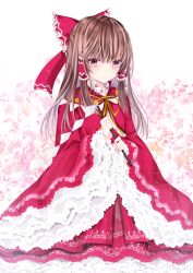 Rule 34 | 1girl, alternate costume, bad id, bad pixiv id, bow, brown hair, closed mouth, floral background, frilled bow, frills, gohei, hair between eyes, hair bow, hair tubes, hakurei reimu, highres, holding, japanese clothes, kimono, long hair, long sleeves, looking at viewer, nanase nao, red bow, red eyes, red kimono, ribbon, solo, touhou, white background, wide sleeves, yellow ribbon