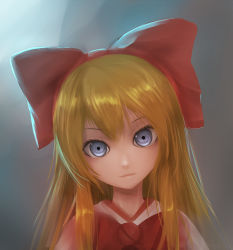 Rule 34 | 1girl, bad id, bad pixiv id, blonde hair, blue eyes, bow, close-up, doll, hair bow, hairband, head tilt, highres, light smile, long hair, looking at viewer, portrait, qys3, shanghai doll, solo, touhou, upper body
