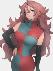 Rule 34 | 1girl, android 21, blue eyes, breasts, checkered clothes, checkered dress, covered collarbone, dragon ball, dragon ball fighterz, dress, earrings, glasses, grey background, hair between eyes, hand on own hip, hoop earrings, jewelry, kemachiku, large breasts, long hair, looking at viewer, narrow waist, parted lips, red hair, simple background, solo, wide hips