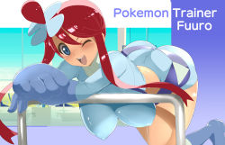 Rule 34 | 1girl, ;d, arched back, ass, back, blue eyes, blush, boots, breasts, character name, commentary request, copyright name, covered erect nipples, creatures (company), crop top, cropped jacket, floating hair, game freak, gloves, gym leader, hair ornament, hanging breasts, head tilt, huge ass, impossible clothes, impossible jacket, jacket, large breasts, leaning forward, leaning on object, long sleeves, looking at viewer, makoto daikichi, midriff, nintendo, nose blush, one eye closed, open mouth, pokemon, pokemon bw, red hair, short hair with long locks, shorts, side ponytail, sidelocks, skin tight, skyla (pokemon), smile, solo, suspenders, swept bangs, teeth, unaligned breasts, upper teeth only, wide hips