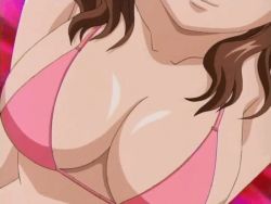 Rule 34 | 00s, 1girl, akahori gedou hour rabuge, animated, animated gif, bikini, bikini top only, bouncing breasts, breasts, brown hair, cleavage, close-up, head out of frame, hokke otone, large breasts, long hair, looping animation, pink bikini, screencap, smile, solo, swimsuit, view between breasts, wavy hair