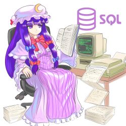 Rule 34 | 1girl, book, bow, bowtie, capelet, chair, closed mouth, commentary, computer, crescent, crescent hat ornament, crt, desk, dress, english commentary, frilled capelet, frilled dress, frilled sleeves, frills, full body, hat, hat ornament, highres, holding, holding book, long sleeves, mob cap, monitor, office chair, on chair, open book, paper stack, patchouli knowledge, pink capelet, pink dress, pink hat, printer, profitshame, purple eyes, purple hair, reading, red bow, red bowtie, simple background, sitting, solo, sql, striped clothes, striped dress, swivel chair, touhou, vertical stripes, white background, wide sleeves