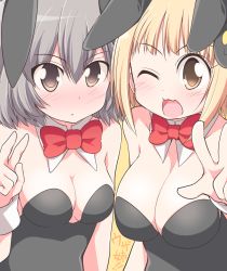 Rule 34 | 2girls, ;d, animal ears, bad id, bad pixiv id, bare shoulders, blonde hair, blush, bow, bowtie, breasts, brown eyes, character request, cleavage, detached collar, fake animal ears, grey hair, hair ornament, large breasts, leotard, looking at viewer, medium breasts, multiple girls, one eye closed, open mouth, pink eyes, playboy bunny, rabbit ears, rabbit hair ornament, red bow, red bowtie, serebi ryousangata, short hair, smile, uzanee!!, v