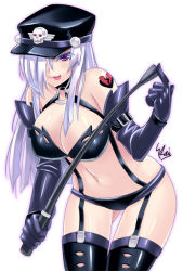 Rule 34 | 1girl, bdsm, breasts, collar, dominatrix, elbow gloves, garter belt, gloves, hat, kaizeru, large breasts, latex, latex gloves, long hair, original, purple hair, riding crop, simple background, solo, thighhighs, white hair