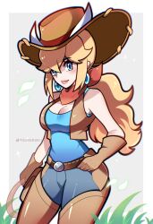 Rule 34 | 1girl, artist name, belt, blonde hair, blue eyes, boots, border, breasts, brown footwear, brown gloves, cleavage, closed mouth, commentary, cowboy hat, cowgirl peach, denim, earrings, eyelashes, gloves, grass, grey background, hair between eyes, hat, highres, holding, holding whip, jeans, jewelry, large breasts, long hair, mario (series), neckerchief, nintendo, outside border, pants, pink lips, princess peach, princess peach: showtime!, red neckerchief, scarf, simple background, solo, thigh boots, touyarokii, twitter username, white border