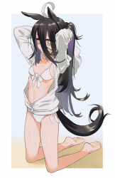 Rule 34 | 1girl, ahoge, animal ears, arms up, barefoot, bikini, black hair, breasts, closed mouth, feet, full body, hair between eyes, hair tie, hair tie in mouth, highres, horse ears, horse girl, horse tail, jacket, kneeling, long hair, long sleeves, looking at viewer, manhattan cafe (tobasuze hot summer!) (umamusume), manhattan cafe (umamusume), mouth hold, multicolored hair, navel, partially unzipped, ponytail, sand, sarcophage, small breasts, soles, solo, streaked hair, swimsuit, tail, toes, tying hair, umamusume, white bikini, white jacket, yellow eyes