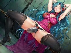 Rule 34 | 1girl, anus, aqua eyes, aqua hair, bdsm, blush, bondage, bound, breasts, chinese clothes, curvy, female focus, forced, large breasts, lilith-soft, long hair, makishima ayame, moaning, no bra, sex toy, shiny skin, solo, spread legs, sweat, taimanin (series), taimanin asagi, taimanin kurenai, taimanin rpgx, very long hair, zol