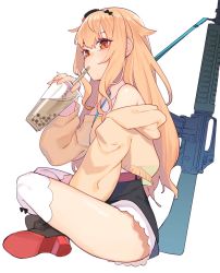 Rule 34 | 1girl, assault rifle, bad id, bad twitter id, beijuu, black shorts, blush, cat hair ornament, commentary request, drinking, drinking straw, girls&#039; frontline, gun, hair between eyes, hair ornament, headband, highres, holding, hood, hood down, light brown hair, long hair, looking at viewer, orange eyes, rifle, shirt, short shorts, shorts, sidelocks, simple background, sitting, solo, sweater, t65 (girls&#039; frontline), t65 assault rifle, weapon, white background, white legwear, white shirt