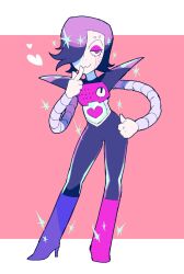 Rule 34 | 1boy, black hair, black pants, boots, closed mouth, dial, eyeshadow, finger to mouth, gloves, hair over one eye, hand on own hip, heart, high heel boots, high heels, highres, humanoid robot, knee boots, looking at viewer, makeup, mechanical arms, mettaton, mettaton ex, one eye covered, ouse (otussger), pants, pink background, pink eyes, pink eyeshadow, pink footwear, robot, short hair, shoulder pads, simple background, smile, solo, sparkle, undertale, white gloves