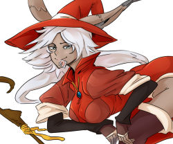 Rule 34 | 1girl, animal ears, bb (baalbuddy), bent over, boots, breasts, condom, condom in mouth, dark-skinned female, dark skin, eldena, final fantasy, final fantasy tactics advance, green eyes, long hair, monocle, mouth hold, no panties, rabbit ears, red mage (final fantasy), solo, thigh boots, thighhighs, viera, wand, white hair