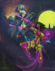 Rule 34 | absurdres, aedollon, black hair, boots, breasts, center opening, cleavage, elbow gloves, fighting, fingerless gloves, frost (mortal kombat), gloves, glowing, glowing eyes, half mask, high heel boots, high heels, highres, large breasts, leotard, mask, mileena (mortal kombat), moon, mortal kombat (series), nipples, one breast out, pussy, thigh boots, thighhighs, torn clothes, white hair, yellow eyes