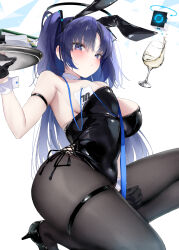 Rule 34 | 1girl, alternate costume, animal ears, black footwear, black leotard, black pantyhose, blue archive, blush, breasts, closed mouth, cup, detached collar, drone, fake animal ears, gyoku seisyoku, halo, high heels, highres, holding, holding tray, id card, large breasts, leotard, long hair, mechanical halo, pantyhose, playboy bunny, purple eyes, purple hair, rabbit ears, simple background, solo, strapless, strapless leotard, tray, two side up, white background, wrist cuffs, yuuka (blue archive)