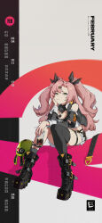 Rule 34 | 1girl, absurdres, bare shoulders, belt boots, black footwear, black ribbon, black shorts, black thighhighs, boots, breasts, crop top, cup, drinking glass, green eyes, grey background, hair ornament, hair ribbon, hairclip, hand up, highres, holding, holding cup, large breasts, long hair, long sleeves, looking at viewer, midriff, mole, nail polish, nicole demara, official art, pink hair, ribbon, shorts, single thighhigh, sitting, solo, strapless, thigh strap, thighhighs, thighs, tube top, two side up, very long hair, zenless zone zero