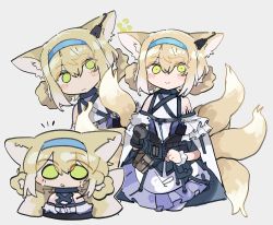 Rule 34 | 1girl, :&gt;, animal ear fluff, animal ears, arknights, blonde hair, blue hairband, chibi, commentary, cropped legs, cropped torso, dress, earpiece, fox ears, fox girl, fox tail, frown, green eyes, grey background, hair rings, hairband, highres, kitsune, kyuubi, leaning forward, looking at viewer, multiple tails, multiple views, nervous, odmised, simple background, single wrist cuff, smile, suzuran (arknights), symbol-only commentary, tail, white dress, white wrist cuffs, wrist cuffs