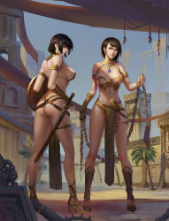 Rule 34 | 2girls, armor, ass, bikini, bikini armor, black hair, breasts, breasts apart, brown eyes, cleavage, earrings, egypt, egyptian, flail, from behind, gauntlets, highres, jewelry, jiam009, large breasts, lips, loincloth, looking back, lots of jewelry, md5 mismatch, multiple girls, necktie, original, sandals, sheath, sheathed, shield, short hair, sideboob, strap gap, swimsuit, sword, thong, thong bikini, tower, warrior, weapon