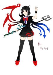 Rule 34 | 1girl, absurdres, asymmetrical wings, black dress, black hair, blue wings, bow, footwear bow, bowtie, center frills, closed mouth, commentary request, derivative work, dress, footwear bow, frills, full body, happy, highres, holding trident, houjuu nue, korean commentary, kuya (hey36253625), looking at viewer, mary janes, pointy ears, polearm, red bow, red bowtie, red eyes, red footwear, red wings, shoes, short dress, short hair, short sleeves, simple background, smile, snake, solo, thighhighs, touhou, translation request, trident, undefined fantastic object, weapon, white background, wings