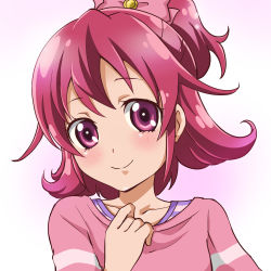 Rule 34 | 1girl, absurdres, aida mana, bad id, bad pixiv id, blush, bow, dokidoki! precure, face, flipped hair, half updo, highres, pink bow, pink eyes, pink hair, precure, sharumon, shirt, short hair, smile, solo, white background