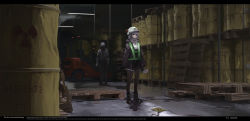 Rule 34 | 1girl, 1other, black legwear, cargo pallet, chain, chinese commentary, commentary request, dark, drum (container), english text, from behind, full body, geiger counter, grey hair, haguruma c, hard hat, helmet, highres, id card, jacket, letterboxed, long sleeves, original, radiation symbol, red eyes, high-visibility vest, sign, standing, warehouse