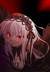 Rule 34 | 00s, 1girl, breasts, cleavage, dress, glowing, glowing eyes, gucchi, hairband, long hair, red eyes, rozen maiden, small breasts, solo, suigintou, white hair
