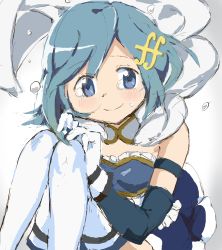 10s armband bad_id bad_pixiv_id blue_eyes blue_hair cape fortissimo gloves hair_ornament hairclip highres hitode magical_girl mahou_shoujo_madoka_magica mahou_shoujo_madoka_magica_(anime) mahou_shoujo_madoka_magica_movie_1_&amp;_2 miki_sayaka miki_sayaka_(magical_girl) musical_note musical_note_hair_ornament smile solo thighhighs zettai_ryouiki