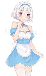 Rule 34 | 1girl, alternate costume, apron, bare shoulders, blue dress, blush, breasts, buttons, collarbone, detached sleeves, double-breasted, dress, enmaided, flower, grey hair, hair between eyes, hair flower, hair ornament, hand up, highres, inanami, kokkoro (princess connect!), looking at viewer, maid, maid headdress, open mouth, pointy ears, princess connect!, puffy short sleeves, puffy sleeves, short hair, short sleeves, simple background, sleeveless, sleeveless dress, small breasts, solo, thighhighs, waist apron, white apron, white background, zettai ryouiki