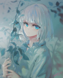 Rule 34 | 1girl, blue eyes, blurry, blurry background, closed mouth, collared shirt, commentary request, dated, depth of field, dress shirt, hands up, highres, holding, kisei2, long sleeves, looking at viewer, original, shirt, signature, solo, upper body, white hair, white shirt