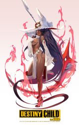 Rule 34 | 1girl, absurdly long hair, absurdres, bare shoulders, breasts, cacus (destiny child), copyright name, dark-skinned female, dark skin, destiny child, female focus, fire, full body, hair between eyes, hair ornament, hat, heterochromia, high heels, highres, huge weapon, large breasts, logo, long hair, mole, mole under eye, mole under mouth, official art, purple eyes, red eyes, revealing clothes, scythe, sideboob, solo, standing, standing on one leg, very long hair, weapon, zig90