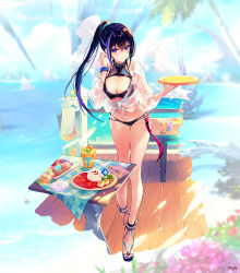 Rule 34 | 1girl, beach, bikini, black bikini, blue hair, boat, breasts, cleavage, cup, dark blue hair, day, food, forcas, fork, fruit, full body, hair between eyes, halterneck, large breasts, leaning forward, light blue hair, looking at viewer, multicolored hair, nail polish, navel, ocean, outdoors, palm tree, phantom of the kill, plate, ponytail, purple eyes, rice, sandals, see-through, shirt, spoon, standing, swimsuit, table, towel, tray, tree, two-tone hair, watercraft, wet, wet clothes, wet shirt, wristband