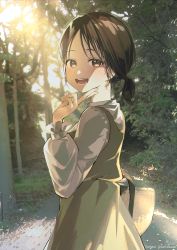 Rule 34 | 1girl, :d, absurdres, bag, black hair, blouse, brown eyes, commentary request, day, dress, from behind, green dress, hand up, highres, long sleeves, looking at viewer, looking back, low ponytail, open mouth, original, outdoors, parted bangs, ponytail, puffy long sleeves, puffy sleeves, shirt, signature, sleeveless, sleeveless dress, smile, sofra, solo, twitter username, white shirt