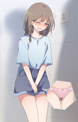 Rule 34 | 1girl, asymmetrical hair, between legs, blue shirt, blue shorts, blush, bow, bow panties, braid, breath, bright pupils, brown eyes, brown hair, collarbone, cowboy shot, female focus, flat chest, frilled panties, frills, gluteal fold, grey background, half-closed eye, hand between legs, have to pee, highres, indoors, long hair, multiple views, nose blush, one eye closed, open mouth, original, own hands together, panties, peeing, peeing self, pink panties, pocket, queue, raised eyebrows, shirt, shirt tucked in, short shorts, short sleeves, shorts, silhouette, single braid, standing, sweat, thighs, trembling, underwear, v arms, watakarashi, wet, wet clothes, wet panties, white pupils, wince