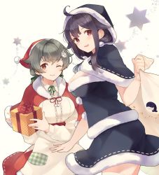 Rule 34 | 2girls, :d, ahoge, black capelet, black hair, blush, box, capelet, closed mouth, gift, gift box, hair between eyes, hair flaps, hair ornament, hat, holding, holding gift, jingei (kancolle), kantai collection, long hair, low twintails, multiple girls, one eye closed, open mouth, pom pom (clothes), purple hair, red eyes, sack, santa costume, santa hat, shakemi (sake mgmgmg), smile, taigei (kancolle), twintails
