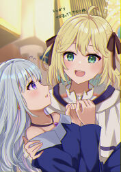 Rule 34 | 2girls, absurdres, ahoge, anisphia wynn palettia, bare shoulders, blonde hair, blue hair, blush, breasts, carrying, euphyllia magenta, green eyes, highres, indoors, jewelry, long hair, looking at another, multiple girls, necklace, open mouth, princess carry, purple eyes, short hair, small breasts, smile, tensei oujo to tensai reijou no mahou kakumei, user svyn4837, yuri