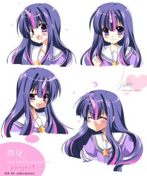 Rule 34 | 1girl, blush, character sheet, expressions, closed eyes, heart, horns, long hair, multicolored hair, my little pony, my little pony: friendship is magic, open mouth, personification, purple eyes, purple hair, sailor collar, sakurano ru, school uniform, serafuku, signature, single horn, solo, star (symbol), twilight sparkle, two-tone hair, watermark, web address, white background