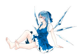 Rule 34 | 1girl, absurdres, arm support, barefoot, blue bow, blue dress, blue hair, blush, bow, breasts, cirno, cleavage, collarbone, dress, feet, from side, full body, green eyes, hair bow, highres, ice, ice wings, looking at viewer, medium breasts, nagata nagato, aged up, profile, short sleeves, smile, soles, solo, toes, touhou, white background, wings