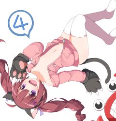 Rule 34 | 1girl, animal ears, animal hands, anniversary, blush, borrowed character, cat ears, cat tail, crab, fake animal ears, fang, gloves, hazuki watora, hood, hoodie, jacket, long hair, looking at viewer, naked hoodie, navel, nikku (ra), no shoes, open clothes, open jacket, open mouth, original, paw gloves, purple eyes, red hair, simple background, solo, tail, thighhighs, twintails, white background, white thighhighs
