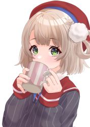 Rule 34 | 1girl, blunt bangs, blush, braid, brown hair, covered mouth, cup, drinking, green eyes, gumi lilk, hair ornament, hair rings, hat, highres, holding, holding cup, indie virtual youtuber, long sleeves, looking at viewer, mug, pom pom (clothes), pom pom hair ornament, ribbon, sailor collar, shigure ui (vtuber) (1st costume), shigure ui (vtuber), short hair, sleeves past wrists, solo, virtual youtuber