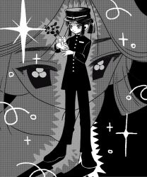Rule 34 | 1boy, blunt ends, buttoned cuffs, buttons, closed mouth, full body, fuminooco, gakuran, gakuseibou, greyscale, halftone, hat, highres, holding vase, jacket, long sleeves, male focus, medium hair, monochrome, multiple views, original, pants, peaked cap, ponytail, school uniform, screentones, shoes, sidelocks, sparkle, standing, uniform