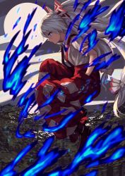 Rule 34 | 1girl, bamboo, bamboo forest, berabou, blue eyes, blue fire, bow, commentary, fire, forest, from side, fujiwara no mokou, full body, full moon, hair bow, hair ribbon, hands in pockets, highres, long hair, moon, nature, pants, ponytail, red pants, ribbon, shirt, shoes, short sleeves, silver hair, solo, suspenders, torn clothes, torn sleeves, touhou, tress ribbon, very long hair, white shirt