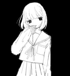 Rule 34 | 1girl, animated, animated gif, arm at side, black background, blunt bangs, bob cut, cowboy shot, dot nose, empty eyes, greyscale, hand up, long sleeves, looking at viewer, looping animation, monochrome, neck ribbon, noroi (rnatataki), original, parted lips, pleated skirt, ribbon, sailor collar, school uniform, serafuku, shirt, short hair, simple background, skirt, sleeves past wrists, solo, standing