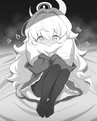 1girl blue_archive blush greyscale hair_between_eyes hair_intakes halo heart highres hugging_object ketsu_juuji_killer_(kejuki) knees_up long_hair long_sleeves looking_at_viewer monochrome no_shoes nose_blush pantyhose pillow pillow_hug professor_niyaniya_(blue_archive) shirt sitting skirt sleeves_past_wrists solo very_long_hair