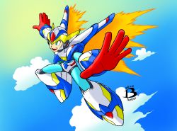 Rule 34 | 1boy, android, armor, artist name, blue background, blue eyes, bodysuit, cloud, day, flying, full body, gloves, green eyes, highres, male focus, mega man (series), mega man x4, x (mega man), mega man x (series), open mouth, outdoors, pn13ban, sky, smile