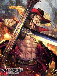 Rule 34 | 1boy, abs, beard, black hair, closed mouth, commentary request, cross, cross necklace, dracule mihawk, english text, facial hair, hat feather, holding, holding sword, holding weapon, jewelry, latin cross, male focus, mustache, necklace, nijihayashi, official art, one piece, open clothes, short hair, sideburns, solo, sword, translation request, weapon, yellow eyes