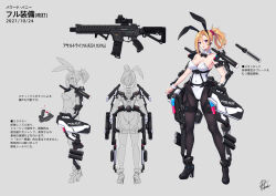 Rule 34 | 2021, animal ears, arms note, assault rifle, baton, blonde hair, breasts, character sheet, cleavage, dated, earphones, exoskeleton, fake animal ears, from behind, from side, fukai ryosuke, gun, hair between eyes, high heels, highres, integral suppressor, integrally-suppressed firearm, leotard, looking at viewer, magazine (weapon), medium breasts, multiple views, pantyhose, playboy bunny, police, ponytail, powered bunny, purple eyes, rabbit ears, rifle, science fiction, short ponytail, simple background, suppressor, swept bangs, weapon, white leotard