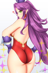 Rule 34 | 1girl, angela (seiken densetsu 3), ass, bare shoulders, blush, breasts, come hither, earrings, from behind, gloves, green eyes, hat, heart, highres, jewelry, large breasts, leotard, long hair, looking at viewer, looking back, pointy ears, purple gloves, purple hair, seiken densetsu, seiken densetsu 3, shiny skin, sideboob, smile, solo, somegu, very long hair