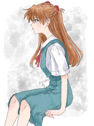 Rule 34 | 1girl, arano nknk, blue eyes, blush, bow, brown hair, highres, interface headset, invisible chair, lips, long hair, neon genesis evangelion, red bow, school uniform, sitting, skirt, souryuu asuka langley, suspender skirt, suspenders, two side up
