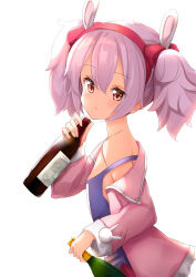 Rule 34 | 1girl, ame., animal ears, azur lane, blue camisole, bottle, bow, camisole, commentary request, fur-trimmed jacket, fur trim, hair between eyes, hair bow, hairband, head tilt, highres, holding, holding bottle, jacket, laffey (azur lane), long sleeves, looking at viewer, looking to the side, off shoulder, parted lips, pink jacket, pleated skirt, rabbit ears, red bow, red eyes, red hairband, red skirt, short hair, silver hair, simple background, skirt, solo, twintails, upper body, white background