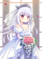 Rule 34 | 1girl, absurdres, azur lane, bad id, bad pixiv id, bare shoulders, blurry, blurry background, blush, bouquet, bow, breasts, bridal veil, cleavage, closed mouth, collarbone, commentary request, cygnet (azur lane), depth of field, detached sleeves, dress, flower, hair between eyes, head tilt, highres, holding, holding bouquet, long hair, long sleeves, looking at viewer, md5 mismatch, medium breasts, off-shoulder dress, off shoulder, petals, red eyes, red flower, red rose, resolution mismatch, rose, satsuki yukimi, see-through, see-through sleeves, silver hair, smile, solo, tears, tiara, veil, very long hair, white bow, white dress, white flower, window